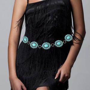 FASHNZFAB Пояс в стиле бохо-винтаж с бирюзовыми камнями и заостренными кончо-цепочками