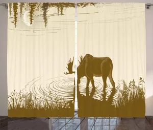 Штора ABAKUHAUS с изображением животных в деревенском стиле, Озеро, река, лес, присборенная штора для спальни с петлями и крючками, 280 x 225 см, цвет Сепия-крем