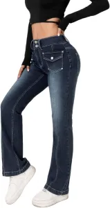 Женские джинсы с высокой талией и расклешенным силуэтом, двойная застежка и карманы