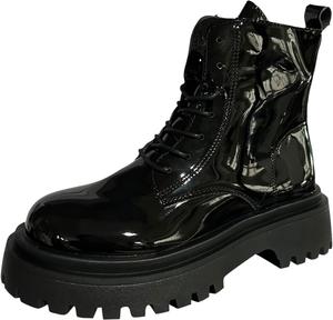 Женские боевые ботинки, модные повседневные, из лакированной кожи, с круглым носком, на платформе, с массивным каблуком, ботильоны на молнии сбоку, с шнуровкой, байкерские короткие ботинки для зимы и осени Generic, Black