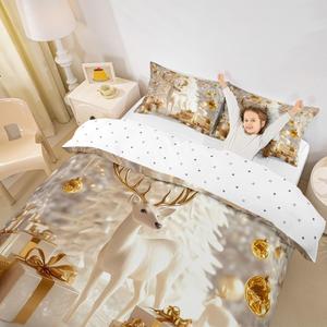 Erosebridal Комплект постельного белья с новогодним принтом оленей и ёлки в золотых тонах, Gold White