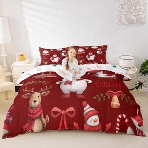 Erosebridal Комплект постельного белья с новогодним принтом оленей, пингвинов и снеговиков, красный, Multi 4