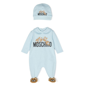 Moschino Kids комплект из комбинезона, шапки и нагрудника с принтом, синий