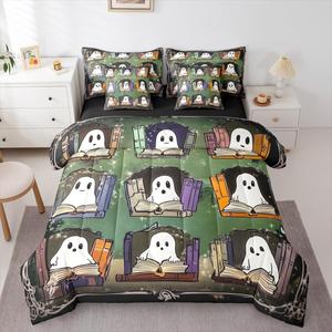 Erosebridal Комплект постельного белья Cartoon Ghost с принтом призраков и книг в готическом стиле для Хэллоуина, Green