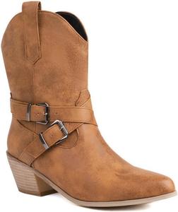 Женские кожаные ботильоны с массивным каблуком, мехом внутри, теплые, на щиколотку, с пряжкой, модные, с зауженным носком, средним каблуком, с боковой молнией, вестерн, повседневные, коровье-ковбойские короткие ботинки Generic, Brown