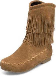 Женские замшевые ботинки Lossarye с двойным бахромой, плоской подошвой, средней высоты, с круглым носком, без шнуровки, в ретро-западном стиле, модные ботильоны с бахромой, Brown