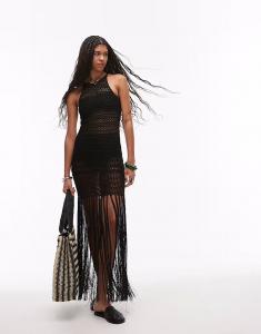 Трикотажное платье с бретельками через шею и кисточками черного цвета Topshop