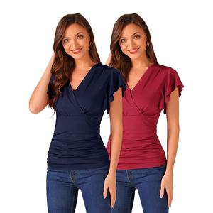 2 упаковки блузки с запахом для женщин летние с v-образным вырезом и рукавами-рюшами Inspire Chic, Dark Blue Dark Red