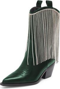 Женские ботильоны Maiyang с заостренным носом, блестящими стразами и бахромой, на низком массивном каблуке, ковбойского стиля, удобные модные западные ботинки, размеры US 4-16, Green