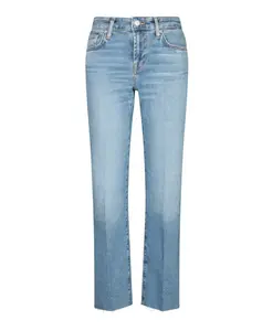 Синие джинсы с рваным краем и прямым кроем. 7 For All Mankind, синий