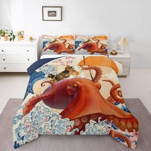 Erosebridal Японский комплект постельного белья Full с милыми корги и осьминогами, морская волна, сакура, кавай стиль, Beige Navy Chocolate Brown