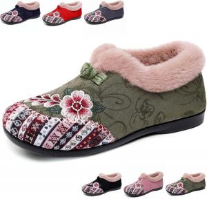 Зимние женские ботинки с теплой плюшевой подкладкой, удобные ботильоны на плоской подошве с вышивкой в виде цветка Generic, Green