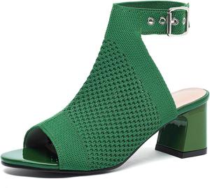 Женские вязаные босоножки с открытым носком, застежкой на щиколотке и толстым каблуком, летние дышащие с сеткой, открытый носок, босоножки с массивным каблуком, модные рабочие прогулочные сандалии GHIBHNA, Green