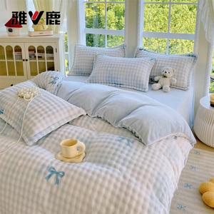 Yalu Комплект постельного белья 4 предмета, простыня на резинке 180 см, пододеяльник 200x230 см, молочный бархат + пузырьковый бархат, синий