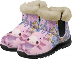 Женские зимние ботинки Jeiento Cute Salamander с цветочным узором, пушистые, на щиколотку, для походов, с противоскользящей подошвой, Pink Salamander Flower
