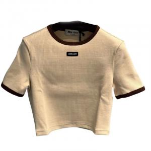 Футболка с логотипом MIU MIU укороченная с коротким рукавом женская молочно-бежевая