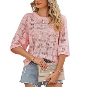 Женский летний повседневный свободный топ с круглым вырезом и ажурной вязкой для пляжа Yesfashion, Pink