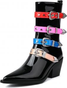 Женские ботинки западного стиля с острым носком, из лакированной кожи, средний каблук, сексуальный панк, радужный ремешок, металлическая пряжка, боковая молния, плюшевая подкладка, нескользящая подошва ZQW, Multicolor