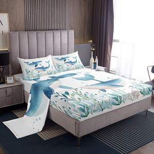 Erosebridal Комплект постельного белья Cute Whale с морским принтом китов и кораллов из мягкого хлопка в сине-зеленой гамме, Blue Green White