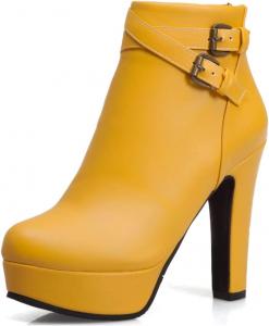 Женские ботильоны VOKLIN на платформе с высоким каблуком, модные с пряжкой, круглым носком и задней молнией, элегантные короткие ботинки, Yellow-Velvet Lined