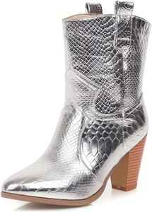 Женские ковбойские ботильоны с заостренным носком, молнией и массивным высоким каблуком, стиль Western, короткие элегантные ботинки JOEUSTY, Silver-Velvet Lined