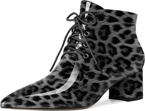 Женские ботильоны Eldof с низким массивным каблуком, зауженным носком и шнуровкой, удобные для ходьбы, Patent Leopard White