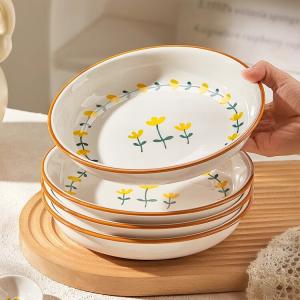 Ceramics Набор керамической посуды с простым подглазурным декором, чаши и тарелки, палочки для еды, дизайн с горной хризантемой, подарок на новоселье, 7-дюймовые тарелки - набор из 2 предметов