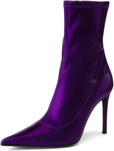 Женские эластичные сапоги FOWT средней длины до середины голени с закрытым острым носком, короткие ботильоны с боковой молнией на высоком каблуке-шпильке, удобные повседневные офисные туфли, размеры 4-16 США, Purple