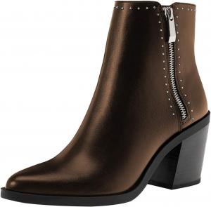 Женские классические ботильоны YDN с заостренным закрытым носком, заклепками, массивным квадратным каблуком, короткие ботинки с боковой молнией, для женщин и девушек, осень-зима, для вечеринок, офиса, джинсов и платьев, Bronze