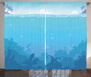 Штора ABAKUHAUS Deep Sea Rustic, подводный пейзаж с пальмами, присборенная штора из тесьмы для спальни с петлями и крючками, 280 x 225 см, небесно-голубой, цвет морской волны Abakuhaus