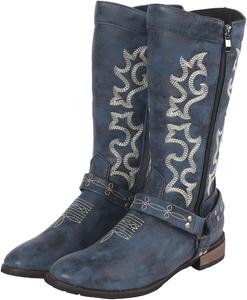 Ковбойские сапоги для женщин, женские вестерн-сапоги, удобные, средние по голенище, боковая молния, массивный каблук, модная вышивка, заостренный носок, обувь для кантри-концертов, танцев, свадеб и путешествий Generic, Blue