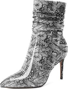 Женские скошенные ботильоны Mettesally с высоким каблуком, заостренным носком, модные стильные с боковой молнией, каблук 3,5 дюйма, ботинки средней высоты, Patent Flower White