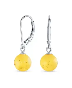 Простые круглые серьги-подвески из натурального желтого или медового янтаря диаметром 8 мм, стерлинговое серебро Bling Jewelry, yellow