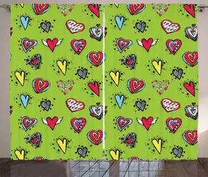 Штора ABAKUHAUS в деревенском стиле с рисунком сердца от руки, присборенная штора из тесьмы для спальни с петлями и крючками, 280 x 175 см, цвет авокадо-зеленый, красный Abakuhaus