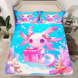Erosebridal Комплект постельного белья Cartoon Full Axolotl Kawaii Coastal Animals с саламандровым розовым декором в морской тематике, Purple Blue