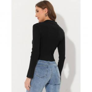 Укороченный вязаный свитер для женщин на молнии с колокольчиком и длинным рукавом с воротником, верхняя куртка ALLEGRA K, черный