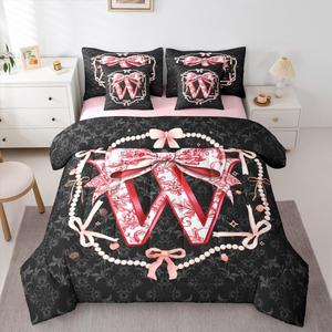 Erosebridal Комплект постельного белья Pink Black Floral Bow Damask Coquette с бантами и цветочным принтом, Pink Black W