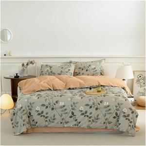 CAIMIAO Комплект постельного белья хлопковый утепленный с зелеными ветками и листьями с цветами