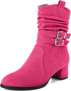 Женские ботинки YODEKS на низком каблуке с массивным каблуком, молнией, 2-дюймовым закругленным носком и пряжкой, замшевые, размер 5-13, Hot Pink
