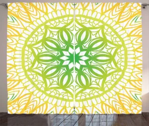 Штора ABAKUHAUS Green Mandala Rustic, Sketch Floral Blossom, присборенная штора для спальни с петлями и крючками, 280 x 245 см, горчично-зеленый Abakuhaus