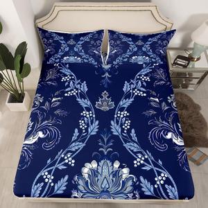 Erosebridal Комплект постельного белья Baroque Damask Victorian Flower в синем цвете с цветочным принтом, Multi 05