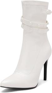 Женские сексуальные ботильоны Aflngle с заостренным носком и высоким каблуком-стилетто, с модной жемчужной отделкой и боковой молнией, White