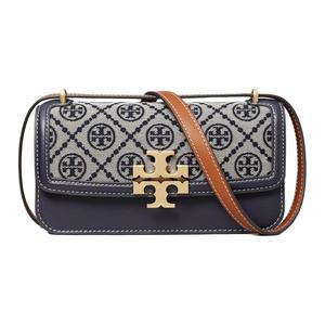 Элеанор Ти Монограмм Жаккард с Кожаной Деталью Кроссбоди Сумка Через Плечо Маленький Размер Женская Морской Синий TORY BURCH