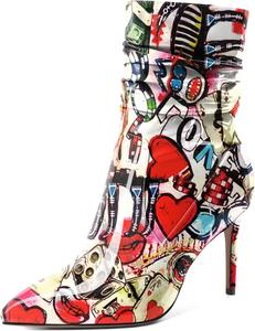 Женские скошенные ботильоны Mettesally с высоким каблуком, заостренным носком, модные стильные с боковой молнией, каблук 3,5 дюйма, ботинки средней высоты, Patent Multi Color