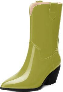 Женские сапоги WAYDERNS до середины икры из лакированной кожи с массивным каблуком, заостренным носком, 2,3-дюймовым каблуком, короткие ботильоны для модных повседневных прогулок, свиданий и шопинга, осенние, Olive Green