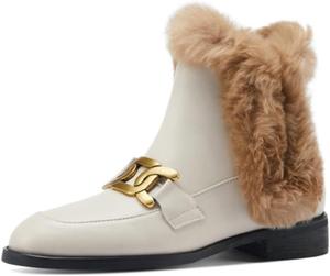 Женские зимние удобные универсальные туфли YDYCG, модные, из натуральной кожи, с мехом, на плоской подошве, с металлическими пряжками, теплые сапожки с кроличьим мехом (Цвет: белый, размер обуви: 7)