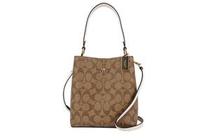 COACH Городская холщовая сумка с кожаной отделкой через плечо женская коричневая с монограммой