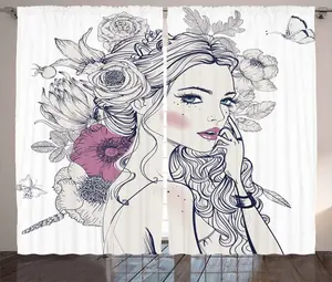 Штора ABAKUHAUS в деревенском стиле с цветочным рисунком, бабочка, женский портрет, присборенная штора из тесьмы для спальни с петлями и крючками, 280 x 225 см, белая с жемчугом Abakuhaus