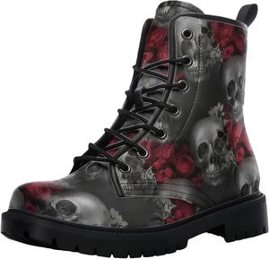 Женские короткие ботинки с принтом, шнуровкой и массивным каблуком, боевые ботильоны на осень и зиму для девушек, с узором в виде роз, черепов, бабочек и мультяшных цветков Maimeili, Skeleton Rose Red