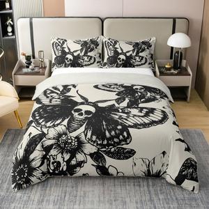 Erosebridal Хлопковый комплект постельного белья Death Moth с готическим принтом скелетов и бабочек, мягкий и дышащий, в богемном стиле, Multi 23